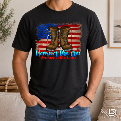 Home of the Free Because of the Brave Shirt | Military Appreciation Tee | Patriotic Combat Boots Shirt | Veteran Support Fourth of July T-Shirt