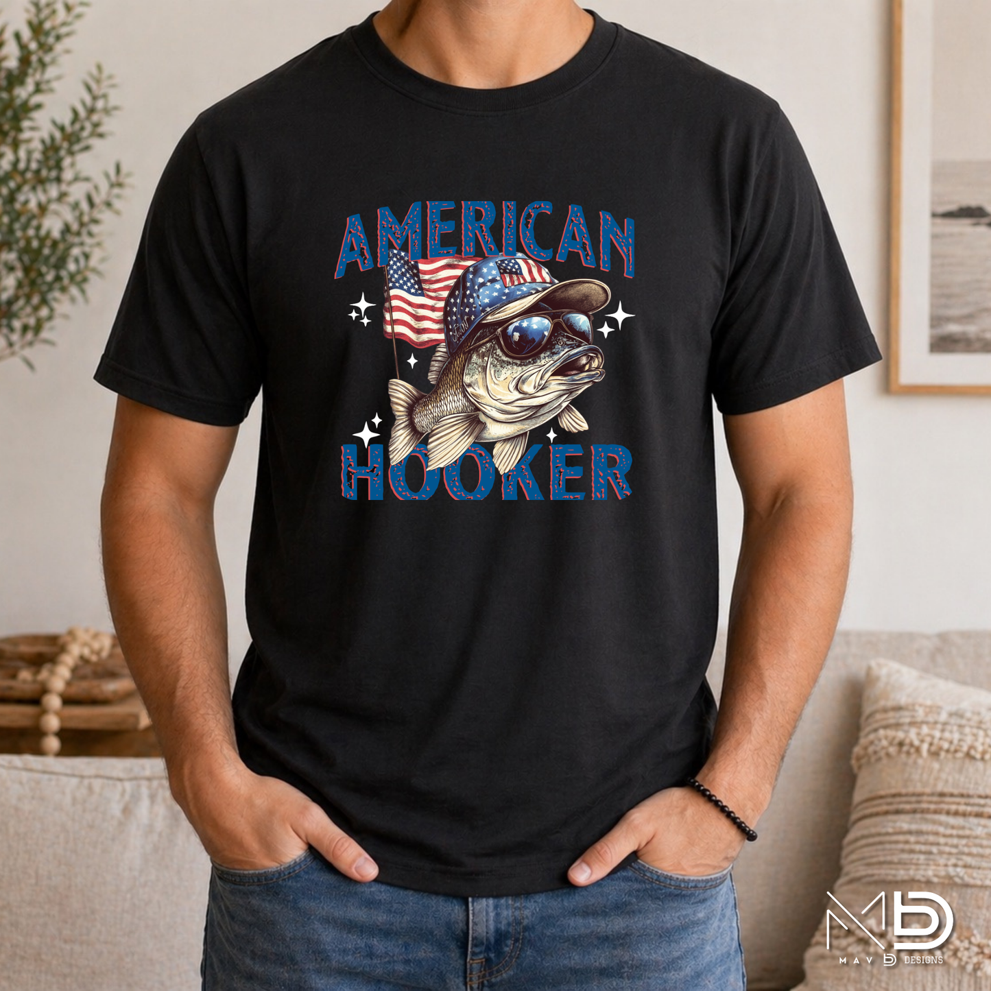 American Hooker Fishing Shirt | Patriotic Bass Fisherman Tee | Fourth of July Fishing Graphic T-Shirt