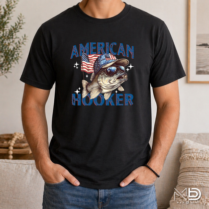 American Hooker Fishing Shirt | Patriotic Bass Fisherman Tee | Fourth of July Fishing Graphic T-Shirt