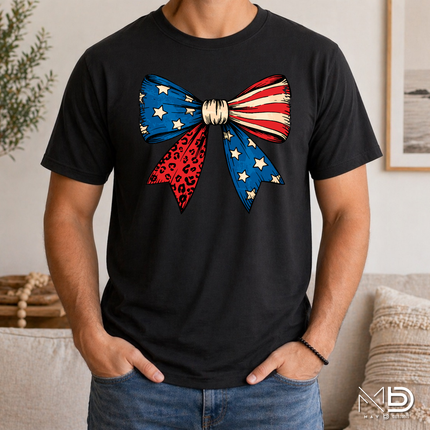 Patriotic Coquette Bow Shirt | American Flag Leopard Print Bow Tee | Fourth of July Red White & Blue T-Shirt