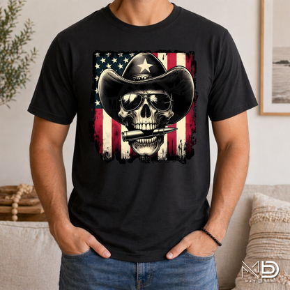 Patriotic Cowboy Skull Shirt | American Flag Western Graphic Tee
