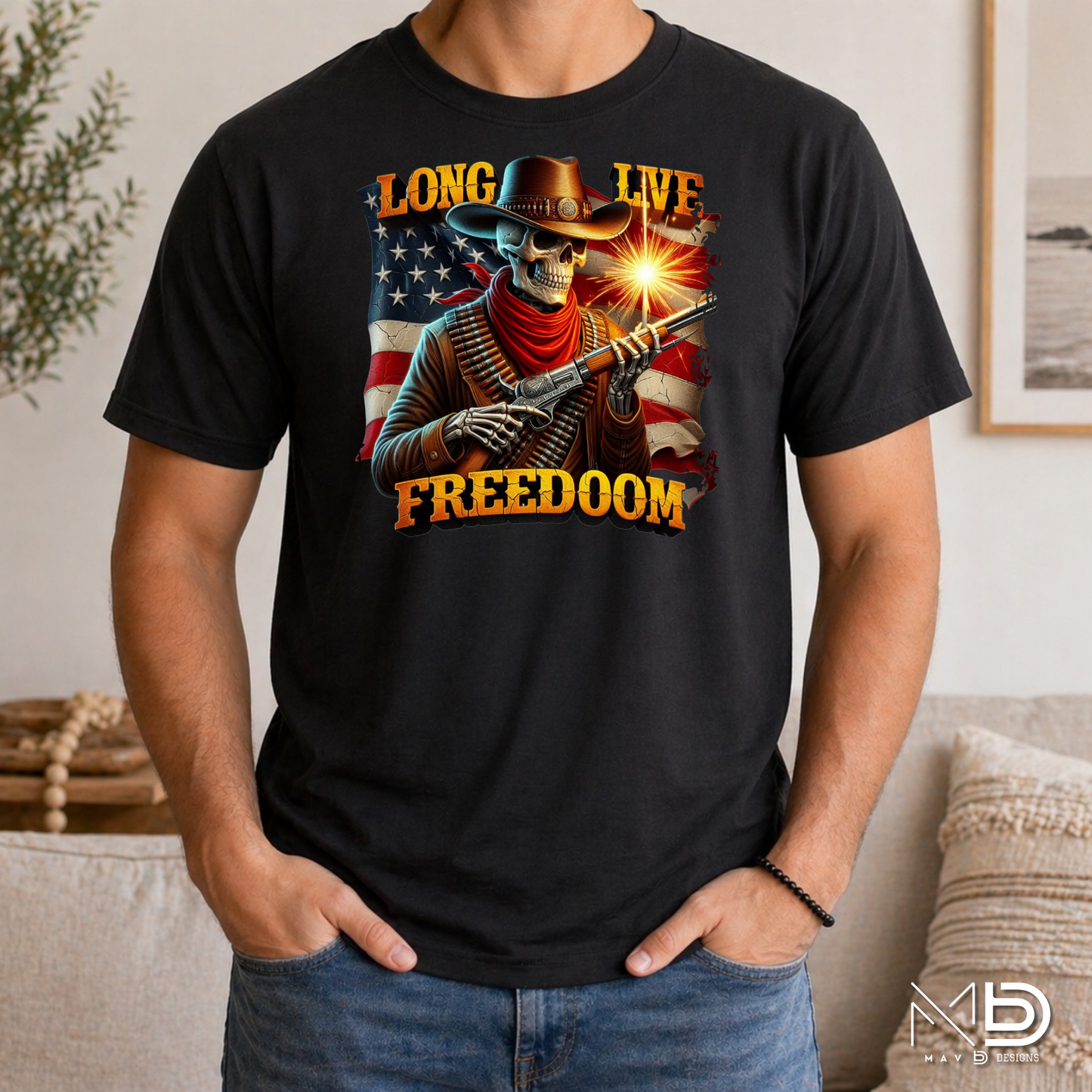 Long Live Freedom Skeleton Cowboy Shirt | Patriotic Western Graphic Tee | American Flag Cowboy Skull T-Shirt | Fourth of July Country Freedom Shirt
