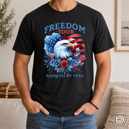 Freedom Tour Born To Be Free Eagle Shirt | Patriotic Americana Tee | Bald Eagle Fourth of July Shirt | Red White and Blue Graphic T-Shirt