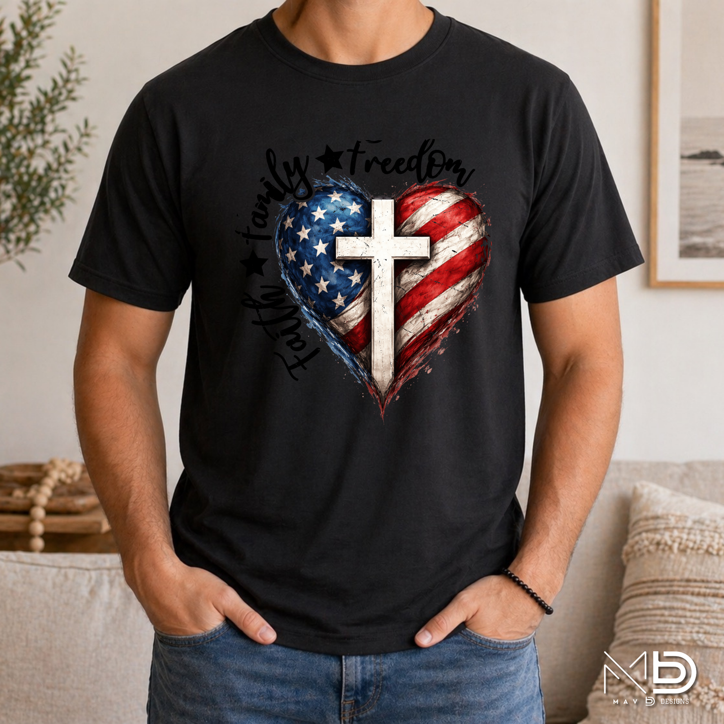 Faith Family Freedom Patriotic Christian Shirt | American Flag Heart Cross Tee | USA Independence Day Christian T-Shirt