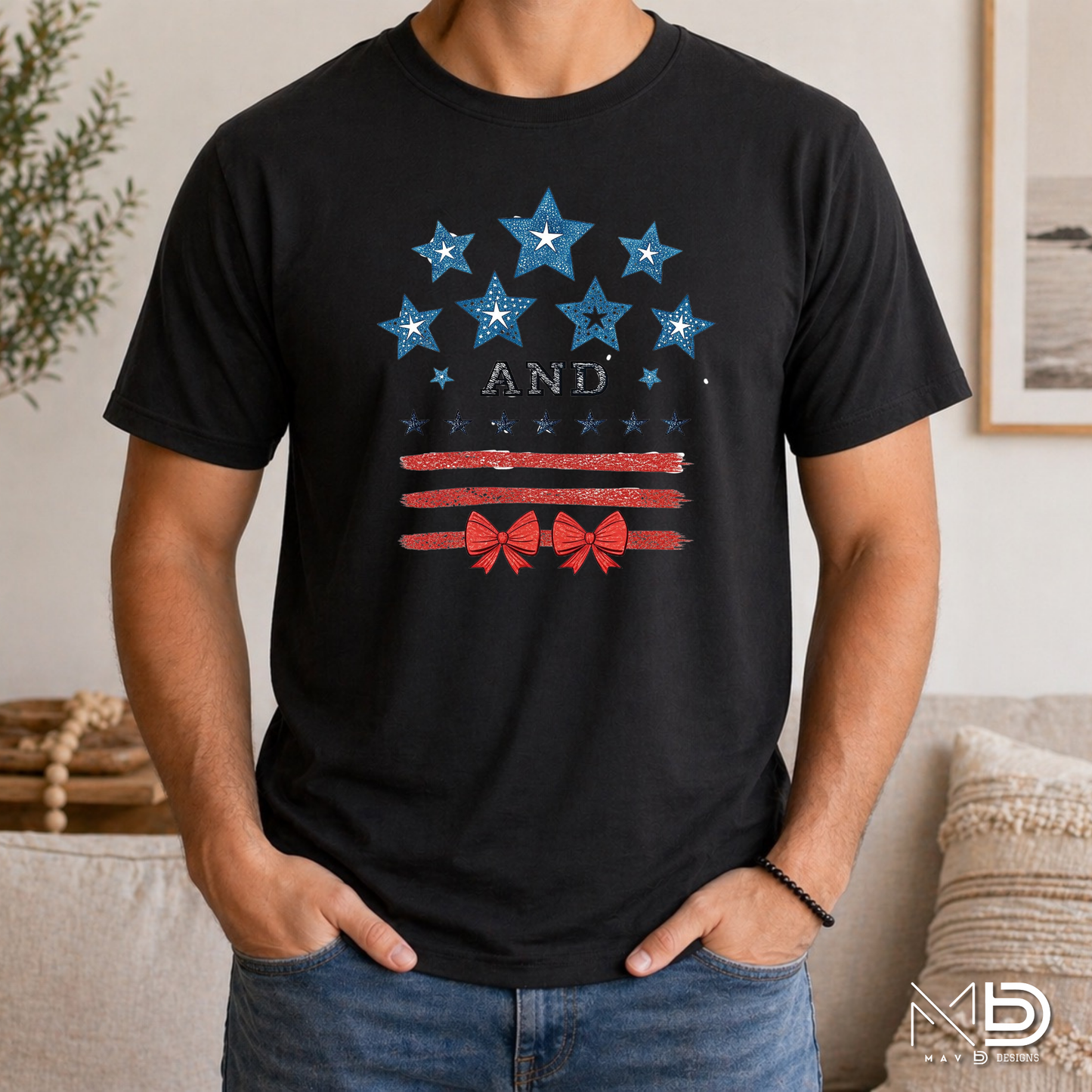 Stars and Stripes Patriotic Bow Shirt | Coquette Fourth of July Tee | Red White and Blue Bow Graphic T-Shirt | Cute Americana Shirt