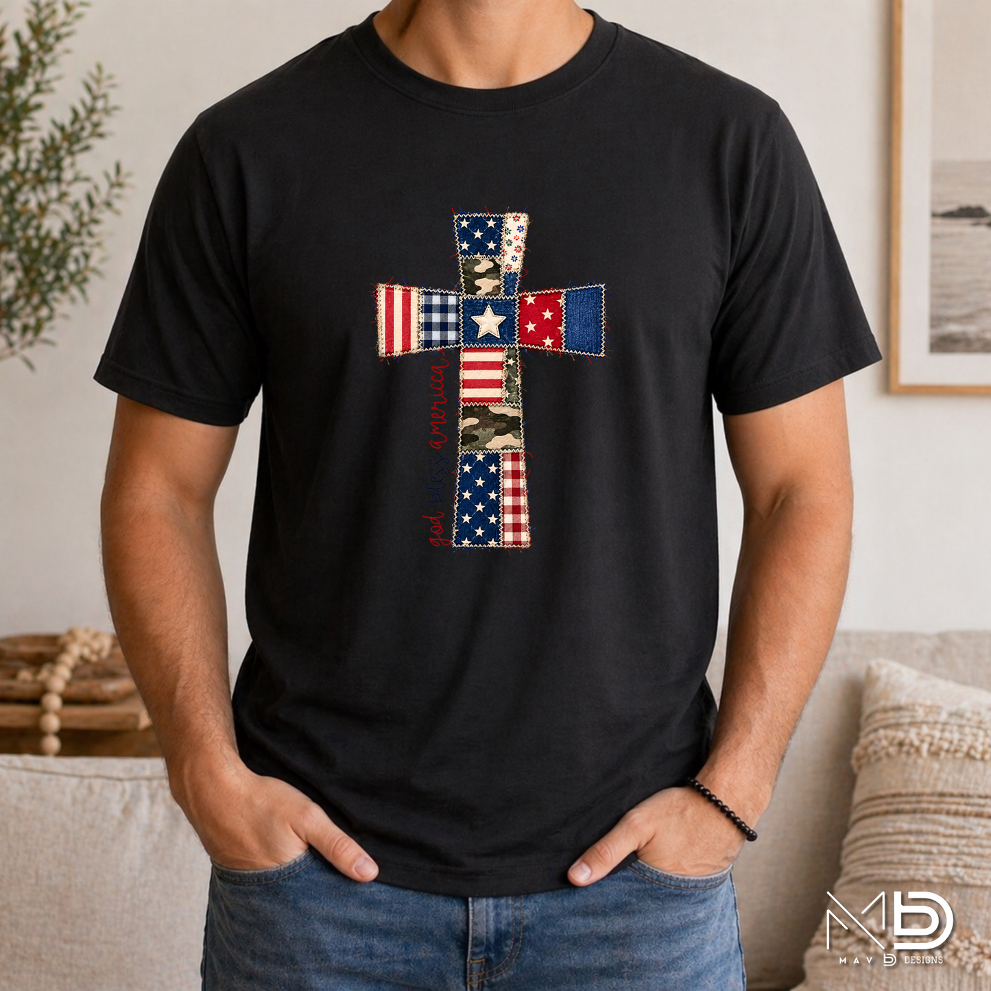 God Bless America Patchwork Cross Shirt | Patriotic Christian Faith Tee