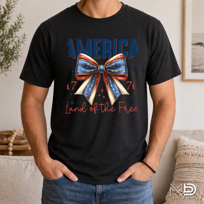 America 1776 Land of the Free Patriotic Bow Shirt | Fourth of July Americana Tee | Red White Blue Graphic T-Shirt