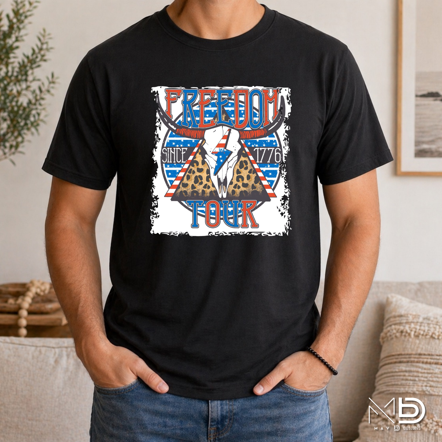 Freedom Tour Shirt | Patriotic Western Cow Skull USA Graphic Tee