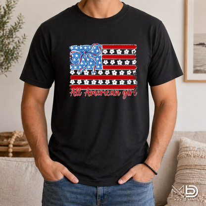 All American Girl Patriotic Flag Shirt | Coquette Bow & Daisy USA Tee | Fourth of July Women’s Graphic T-Shirt | Red White Blue Americana Shirt