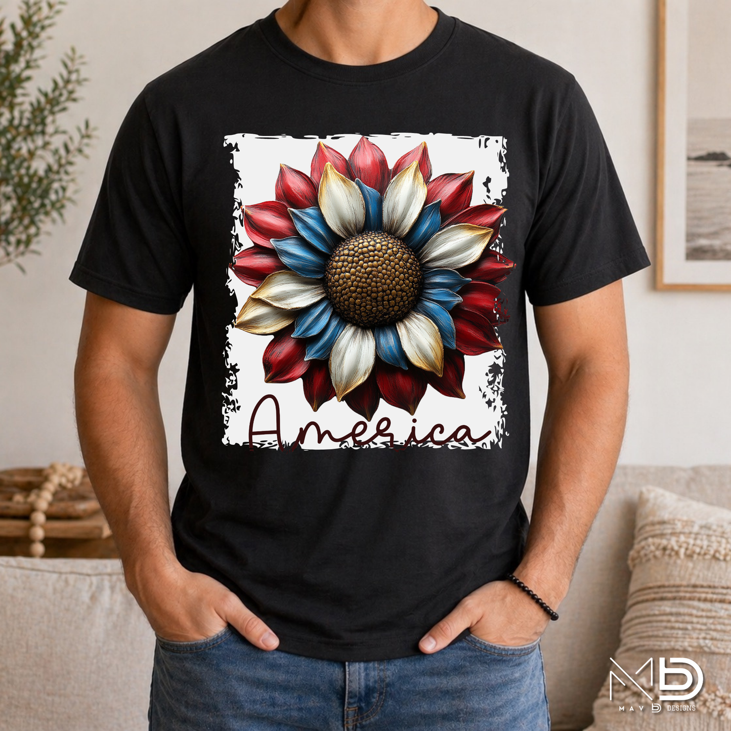 Patriotic Sunflower America Shirt | Red White Blue Floral Graphic Tee | Americana Sunflower T-Shirt | 4th of July Floral Shirt