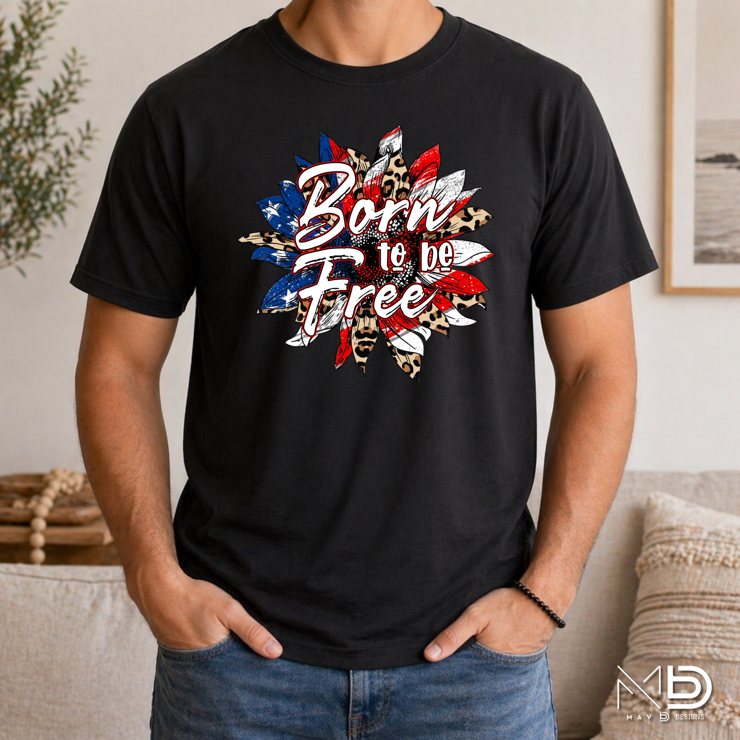 Born to Be Free Patriotic Leopard Sunflower Shirt