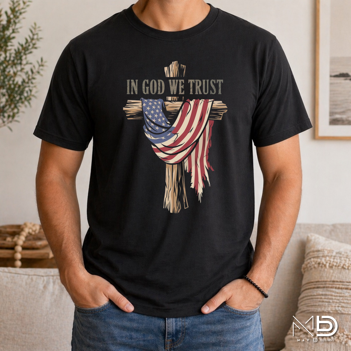 In God We Trust Patriotic Cross Shirt | Christian American Flag Tee | Faith & Freedom Graphic T-Shirt
