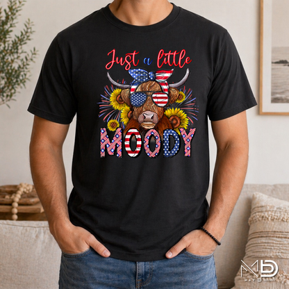 Just a Little Moody Highland Cow Patriotic Shirt | Fourth of July Cow Tee | American Flag Highland Cow Graphic T-Shirt | Funny Independence Day Shirt