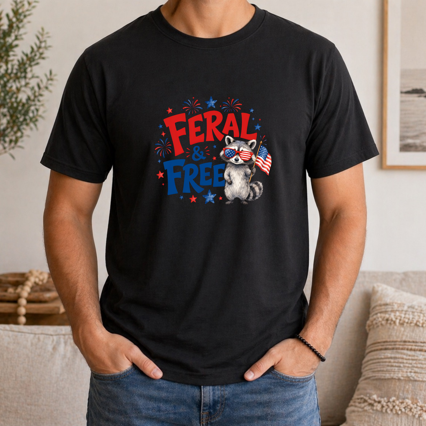 Feral & Free Raccoon Shirt | Funny Patriotic Fourth of July Tee | USA Independence Day Graphic T-Shirt