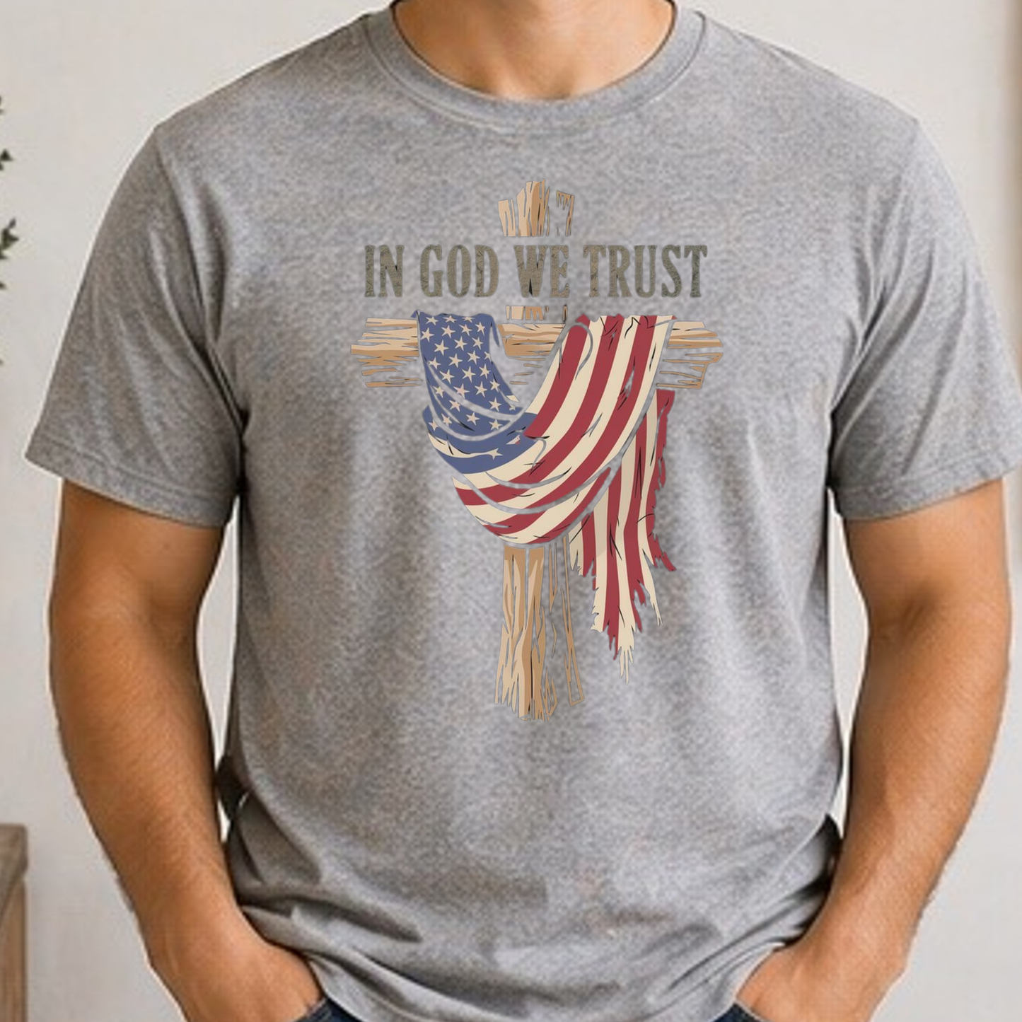 In God We Trust Patriotic Cross Shirt | Christian American Flag Tee | Faith & Freedom Graphic T-Shirt