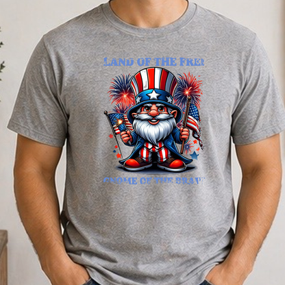 Land of the Free, Gnome of the Brave Patriotic Shirt | Uncle Sam Gnome Fourth of July Tee | USA Fireworks Graphic T-Shirt | Americana Independence Day Shirt
