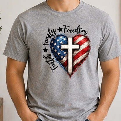 Faith Family Freedom Patriotic Christian Shirt | American Flag Heart Cross Tee | USA Independence Day Christian T-Shirt