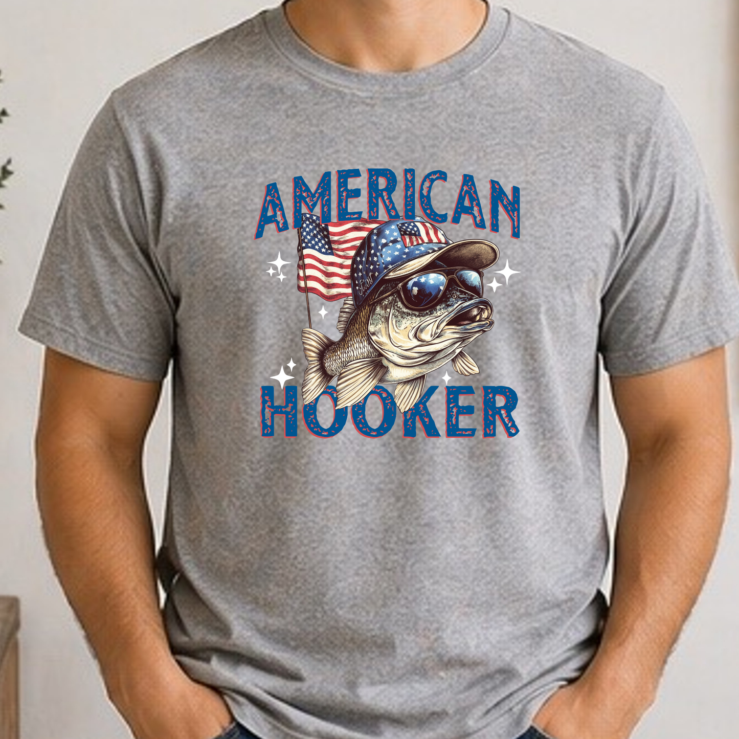 American Hooker Fishing Shirt | Patriotic Bass Fisherman Tee | Fourth of July Fishing Graphic T-Shirt