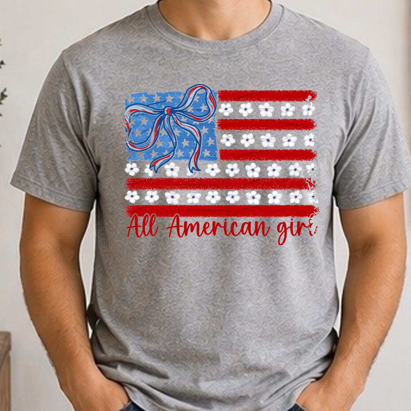 All American Girl Patriotic Flag Shirt | Coquette Bow & Daisy USA Tee | Fourth of July Women’s Graphic T-Shirt | Red White Blue Americana Shirt