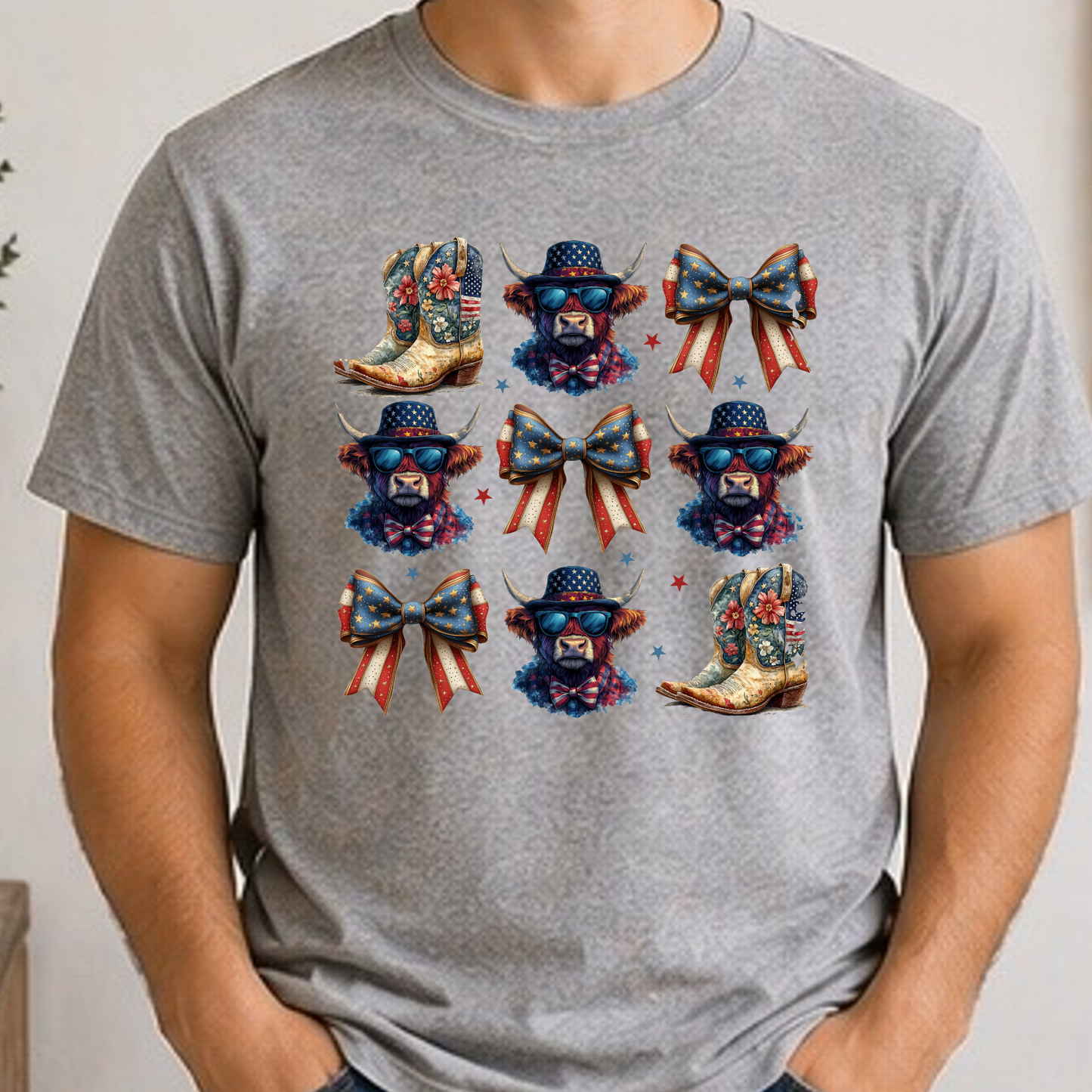 Patriotic Highland Cow & Boots Shirt | Americana Coquette Bow Tee | Western Fourth of July Shirt | Cute USA Cowgirl Graphic T-Shirt