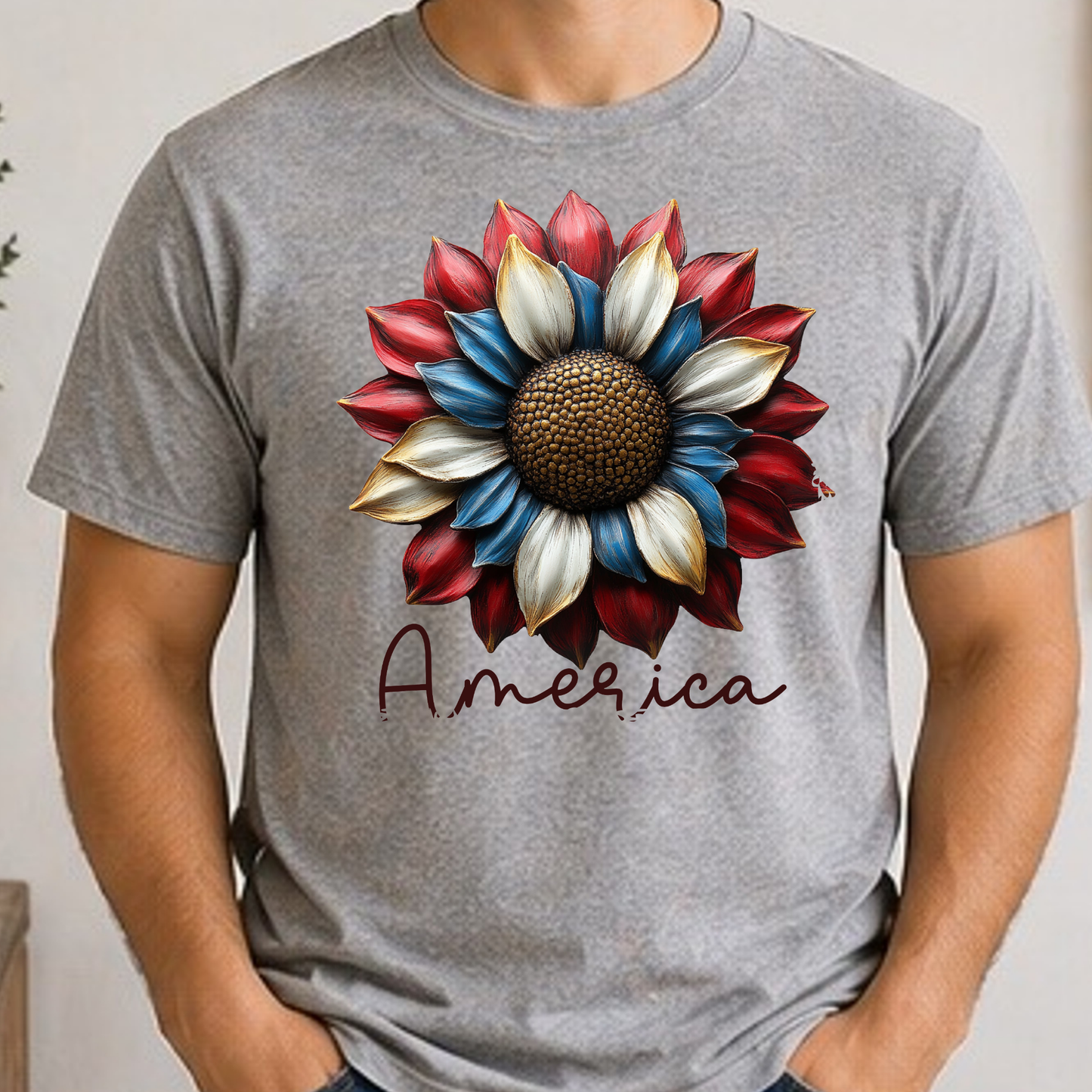 Patriotic Sunflower America Shirt | Red White Blue Floral Graphic Tee | Americana Sunflower T-Shirt | 4th of July Floral Shirt