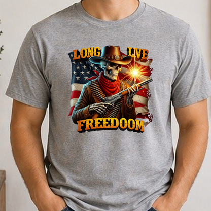 Long Live Freedom Skeleton Cowboy Shirt | Patriotic Western Graphic Tee | American Flag Cowboy Skull T-Shirt | Fourth of July Country Freedom Shirt
