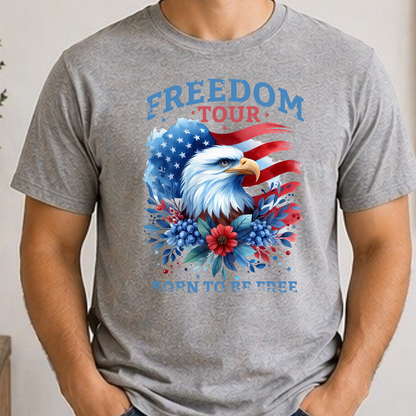 Freedom Tour Born To Be Free Eagle Shirt | Patriotic Americana Tee | Bald Eagle Fourth of July Shirt | Red White and Blue Graphic T-Shirt