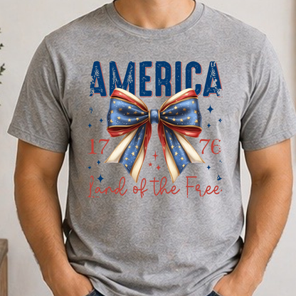 America 1776 Land of the Free Patriotic Bow Shirt | Fourth of July Americana Tee | Red White Blue Graphic T-Shirt