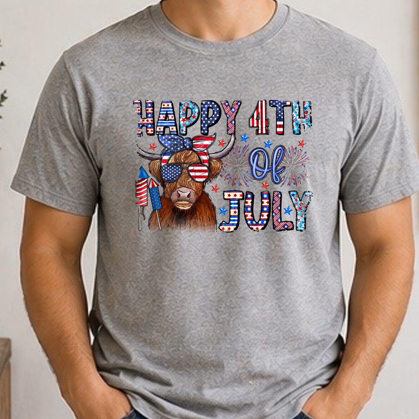 Happy 4th of July Highland Cow Shirt | Patriotic Cow Graphic Tee | Funny Americana Farmhouse Shirt 🇺🇸🐮🎆
