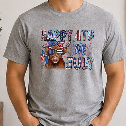 Happy 4th of July Highland Cow Shirt | Patriotic Cow Graphic Tee | Funny Americana Farmhouse Shirt 🇺🇸🐮🎆