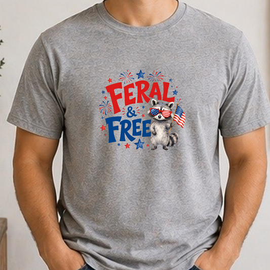 Feral & Free Raccoon Shirt | Funny Patriotic Fourth of July Tee | USA Independence Day Graphic T-Shirt