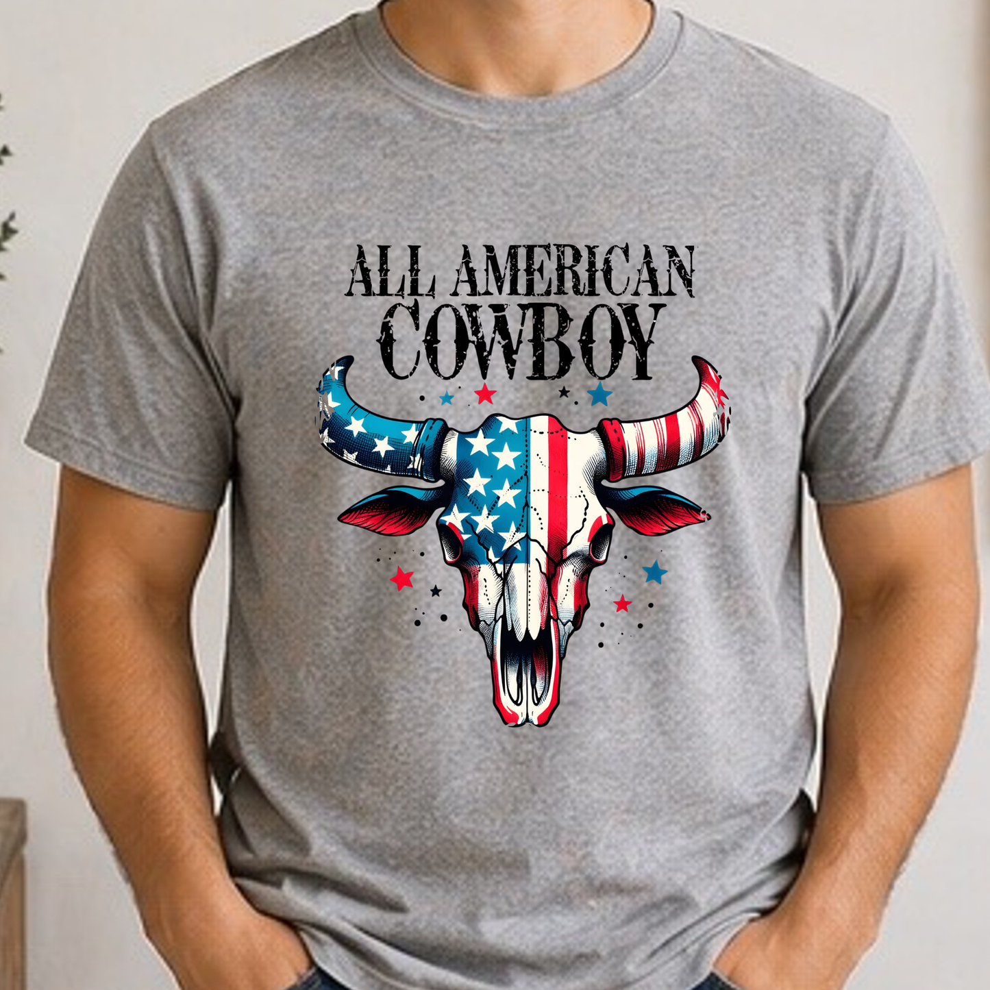 All American Cowboy Shirt | Patriotic Western Cow Skull Graphic Tee
