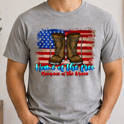 Home of the Free Because of the Brave Shirt | Military Appreciation Tee | Patriotic Combat Boots Shirt | Veteran Support Fourth of July T-Shirt
