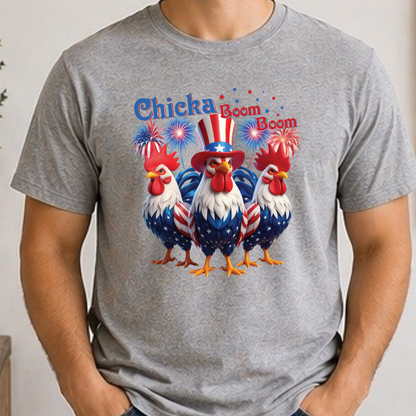 Chicka Boom Boom Patriotic Rooster Shirt | Funny Fourth of July Chicken Tee | Red White & Blue Farmhouse Graphic T-Shirt