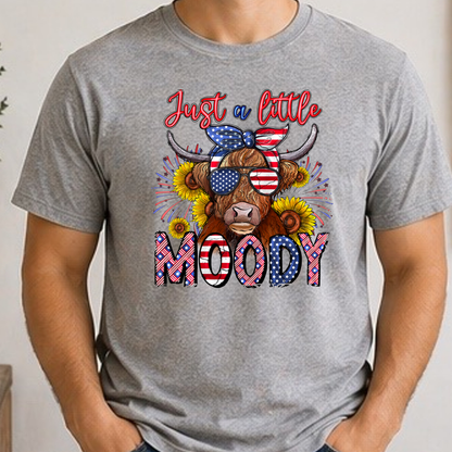 Just a Little Moody Highland Cow Patriotic Shirt | Fourth of July Cow Tee | American Flag Highland Cow Graphic T-Shirt | Funny Independence Day Shirt