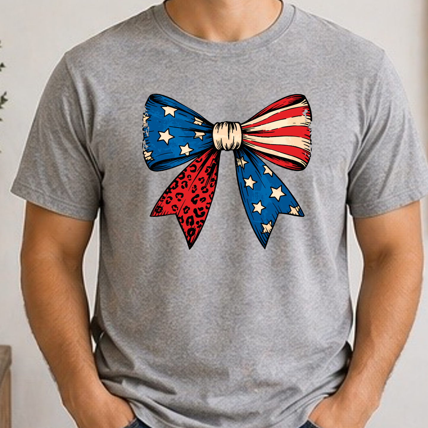 Patriotic Coquette Bow Shirt | American Flag Leopard Print Bow Tee | Fourth of July Red White & Blue T-Shirt