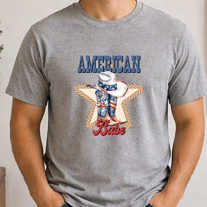 American Babe Shirt | Patriotic Cowgirl Boots & Cowboy Hat Graphic Tee