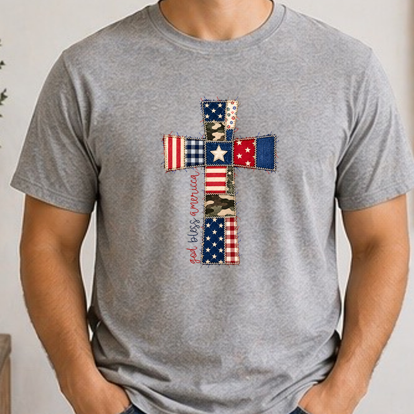God Bless America Patchwork Cross Shirt | Patriotic Christian Faith Tee