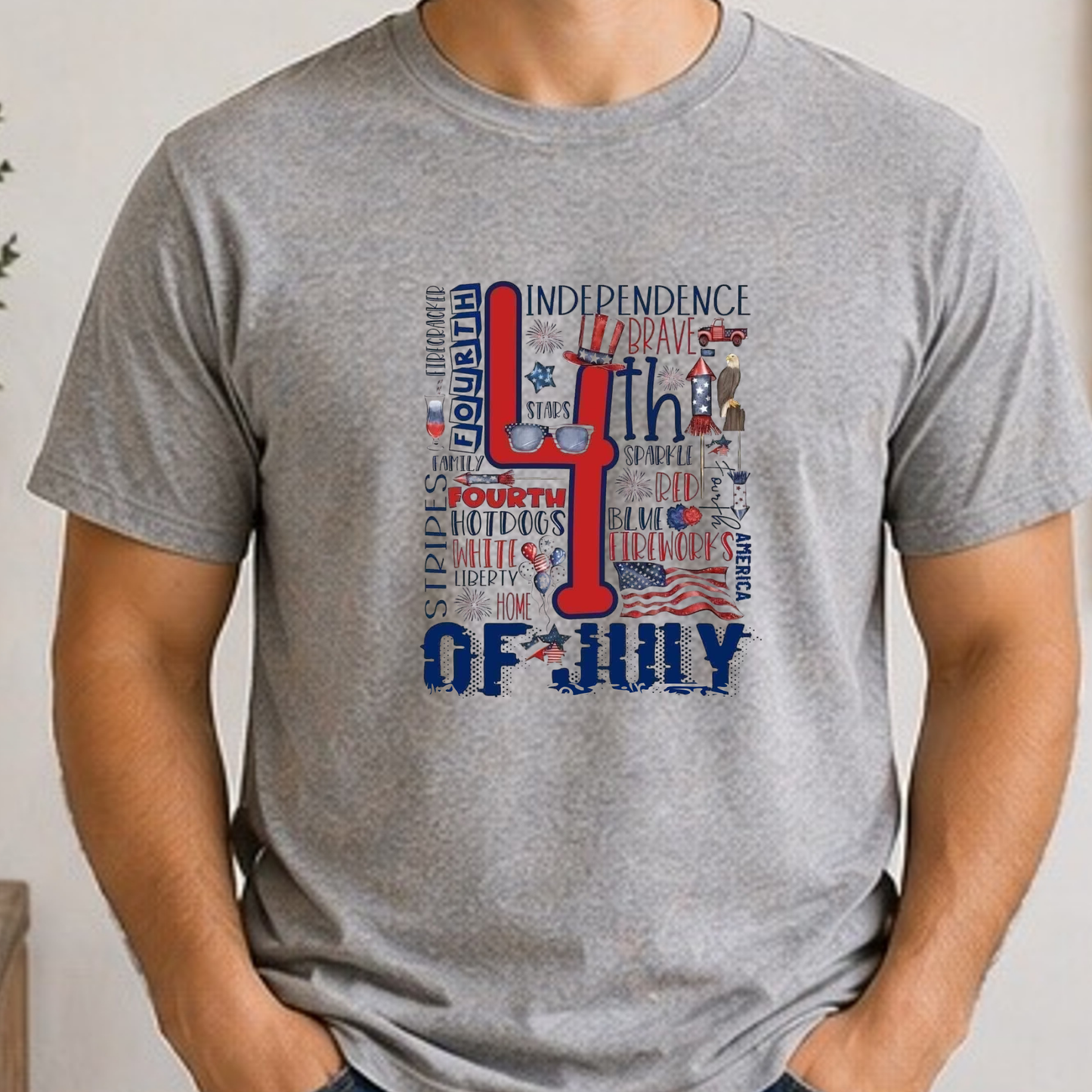 4th of July Word Art Patriotic Shirt | Independence Day Typography Tee | Red White Blue Fireworks Graphic T-Shirt | Americana Celebration Shirt