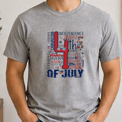 4th of July Word Art Patriotic Shirt | Independence Day Typography Tee | Red White Blue Fireworks Graphic T-Shirt | Americana Celebration Shirt