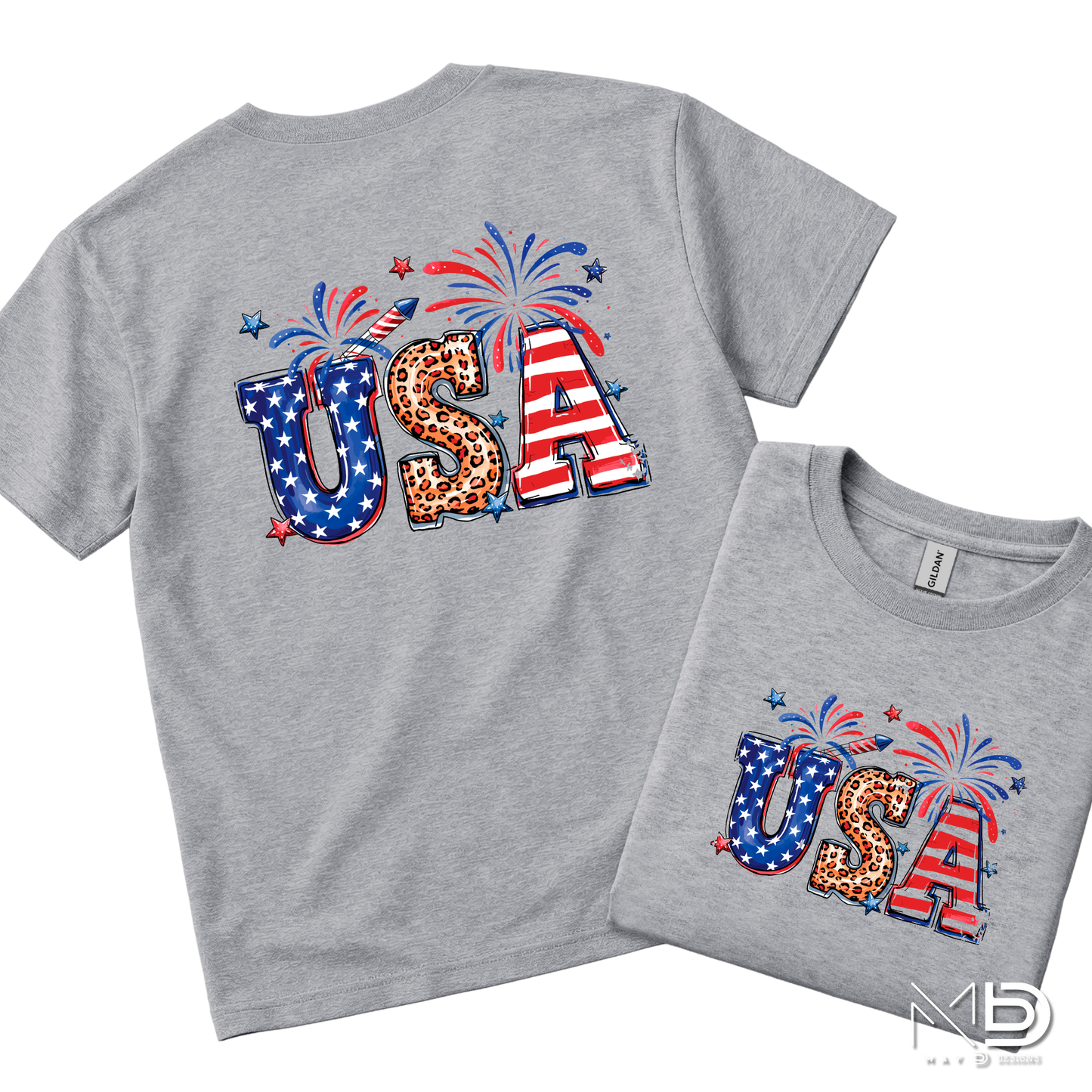 USA Fireworks Leopard Print Shirt | Patriotic Red White Blue Tee | Cute Fourth of July Graphic Shirt