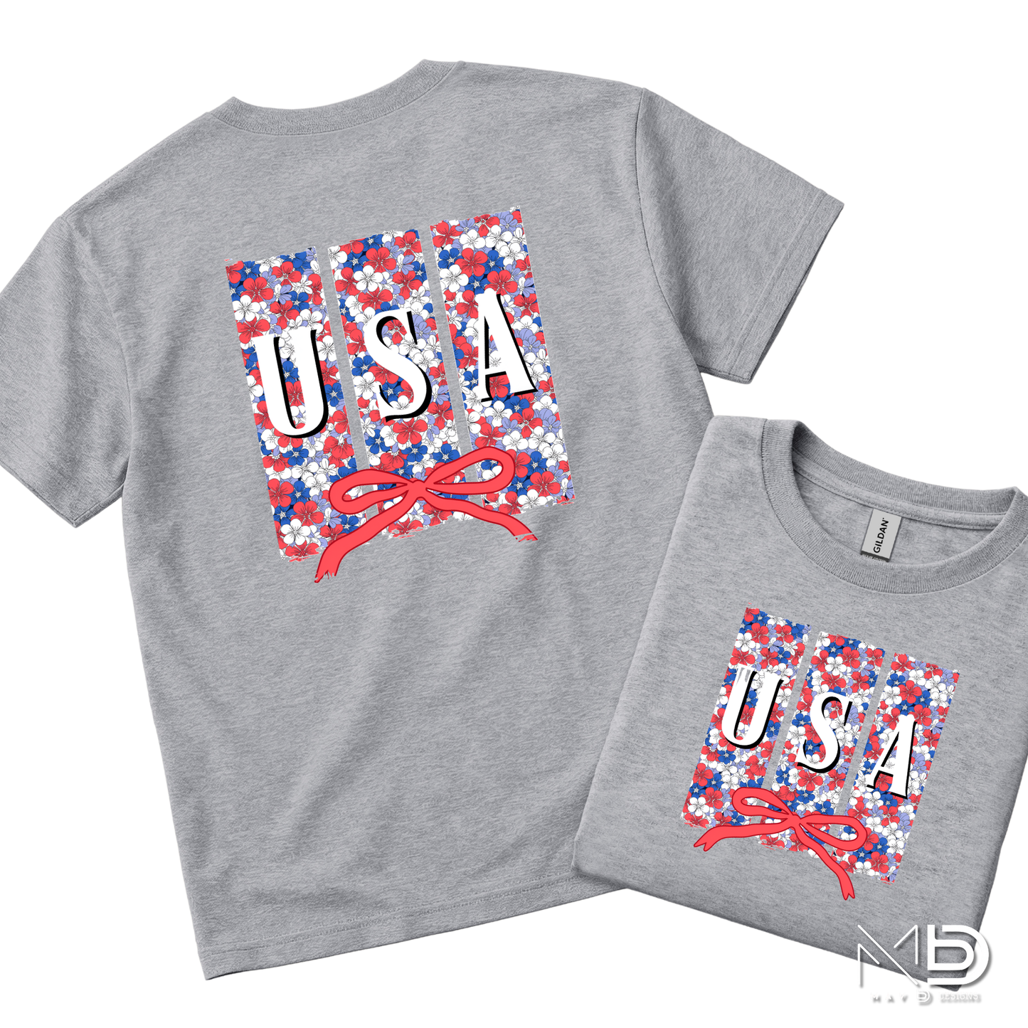 Floral USA Patriotic Shirt | Red White Blue Bow Tee | Cute Fourth of July Floral USA Shirt