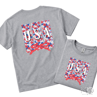 Floral USA Patriotic Shirt | Red White Blue Bow Tee | Cute Fourth of July Floral USA Shirt