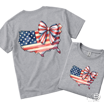 Patriotic USA Bow Shirt | American Flag USA Map Tee | Cute Fourth of July Women’s Shirt