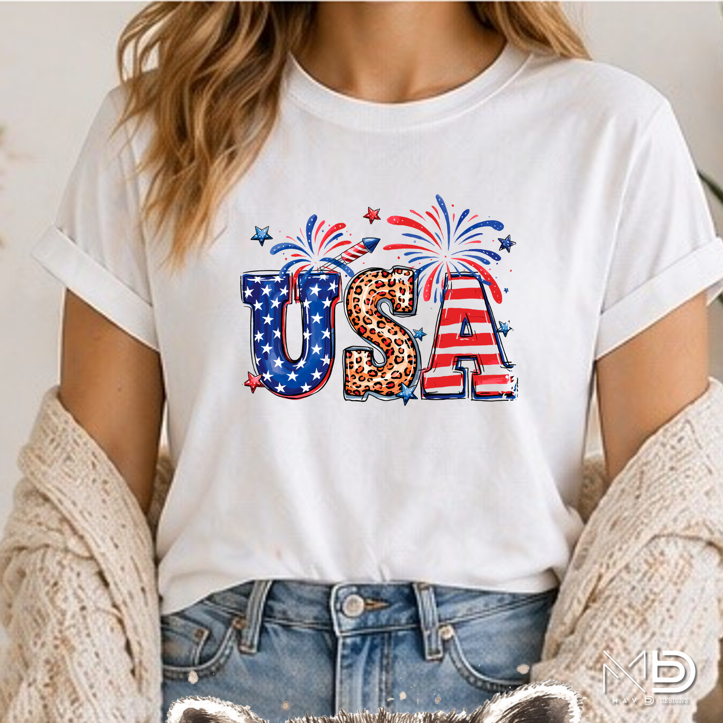 USA Fireworks Leopard Print Shirt | Patriotic Red White Blue Tee | Cute Fourth of July Graphic Shirt