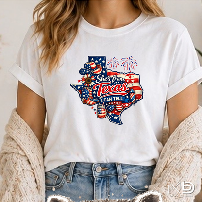 She’s From Texas I Can Tell Shirt | Patriotic Texas Girl Tee | Red White Blue Texas Fourth of July Shirt