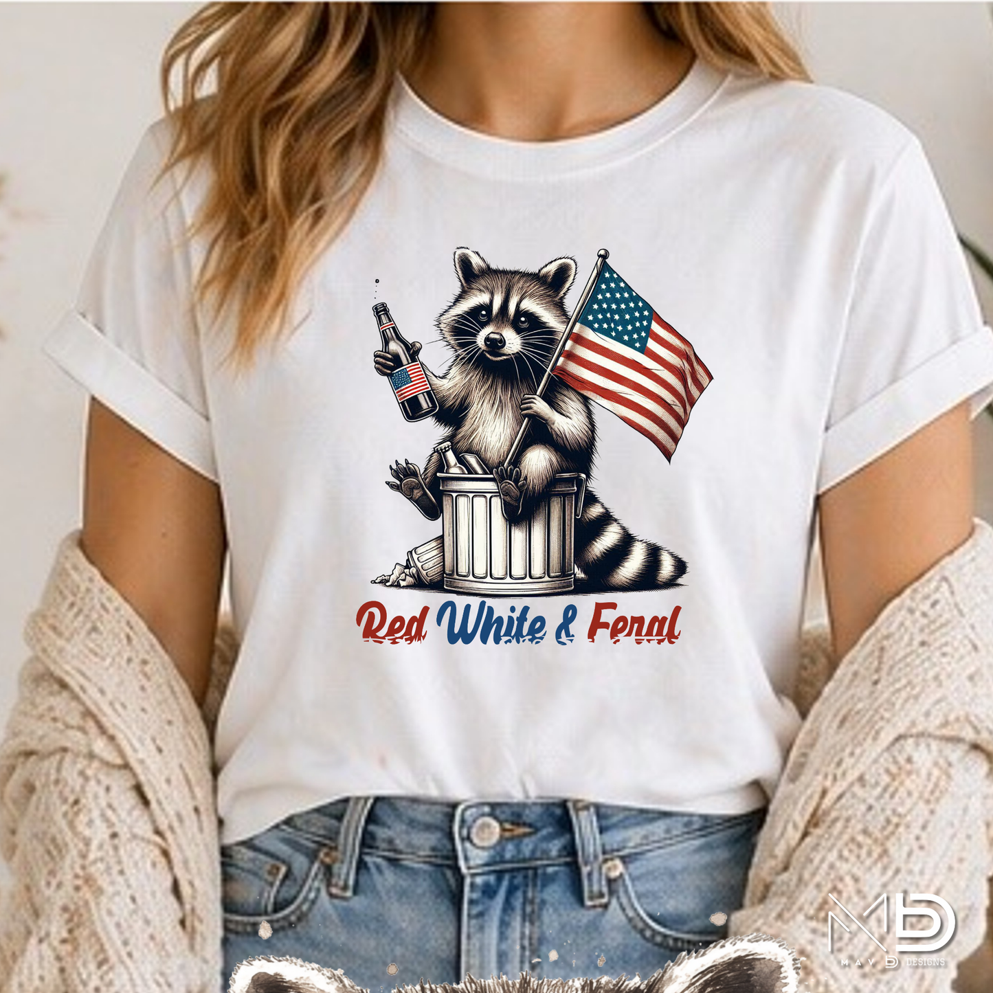 Red White & Feral Raccoon Shirt | Funny Patriotic Fourth of July Tee | American Flag Trash Panda T-Shirt