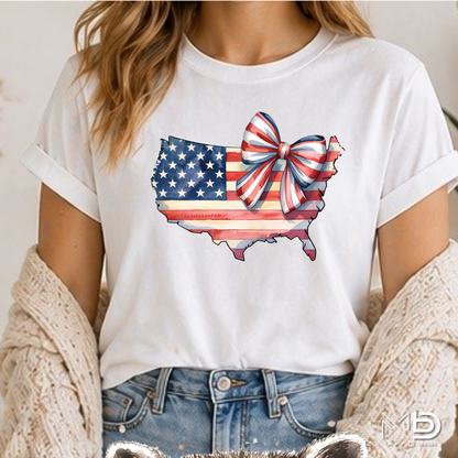 Patriotic USA Bow Shirt | American Flag USA Map Tee | Cute Fourth of July Women’s Shirt