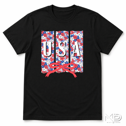 Floral USA Patriotic Shirt | Red White Blue Bow Tee | Cute Fourth of July Floral USA Shirt
