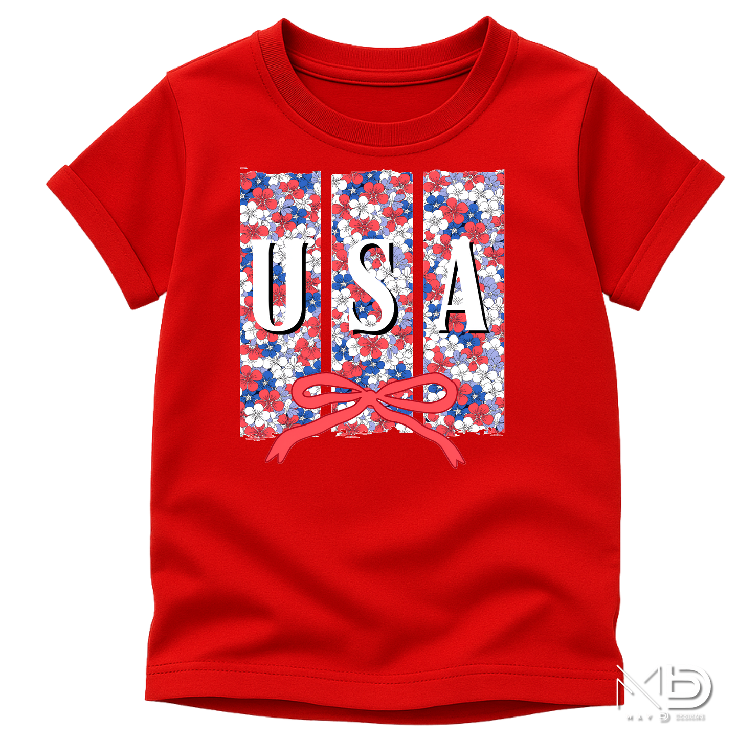 Floral USA Patriotic Shirt | Red White Blue Bow Tee | Cute Fourth of July Floral USA Shirt